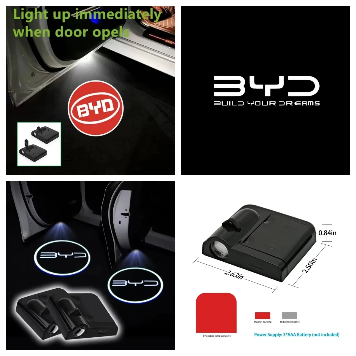 2Pcs Car Door Welcome Light LED Projector Warning Signal Lamp For BYD Atto3 Yuan Plus Song Dolphin Han Tang Auto Door Decoration