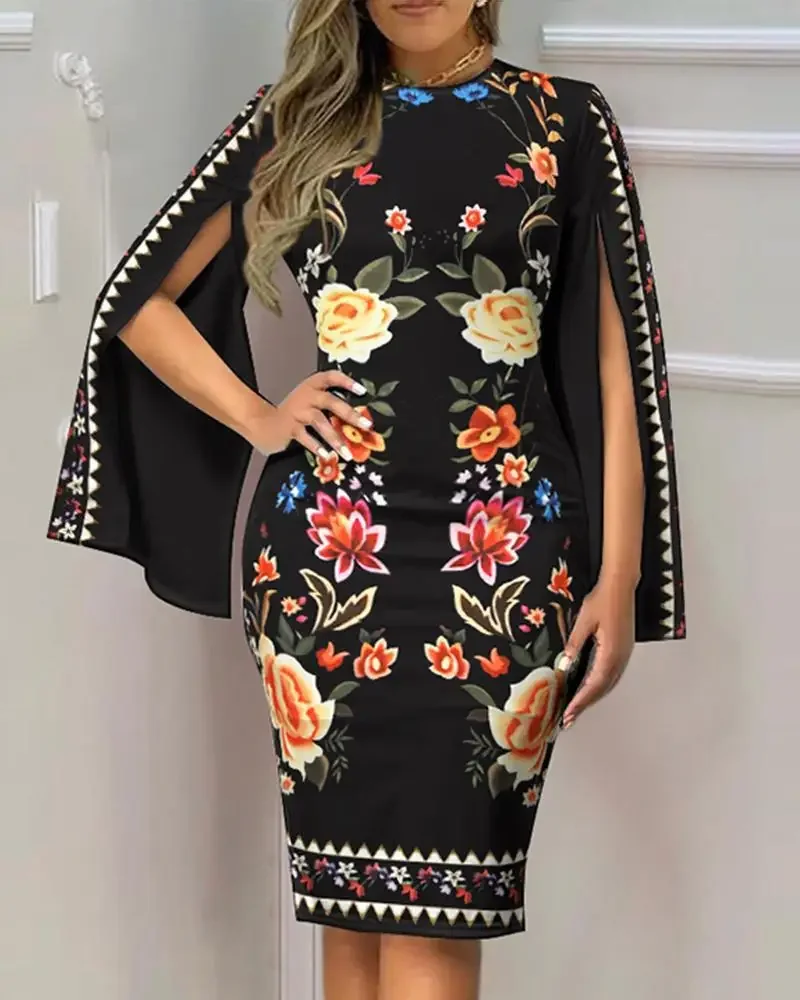 Damenkleid mit V-Ausschnitt, ausgestellten Ärmeln und geometrischem Golddruck, figurbetontes Midikleid, elegantes, schmales Outfit für Teepartys und formelle Anlässe – Detail 11