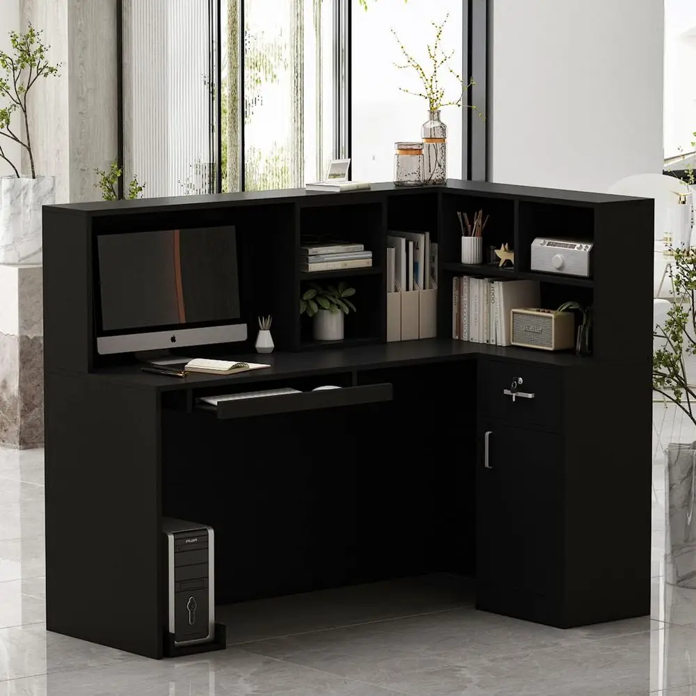 

L-Shaped Office Desk with Counter, Storage Cabinet, Lockable Drawer, Hutch Shelf, and Keyboard Tray, Black