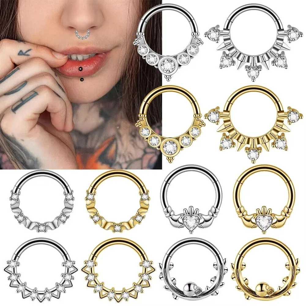 1PC Stainless Steel Septum Clicker Ring Skull Vine Design Heart Zircon Body Piercing Jewelry Hinged Daith Piercing Ring