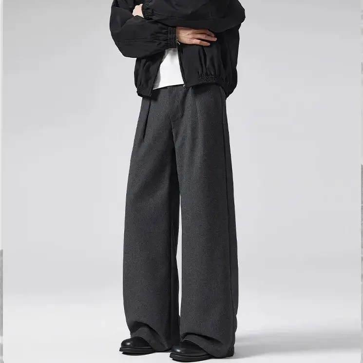 Men's Autumn Winter A-Line Pleated Wool Trousers Unisex Versatile Commuter Trousers Warmth Retention with Drape