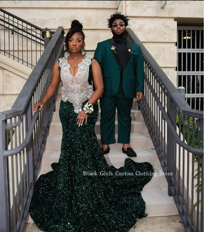 Gorgeous Diamante Mermaid Ball Gown Prom Emerald Green Crystal Beaded Setting Sequins African Women's Party Custom abti da sera