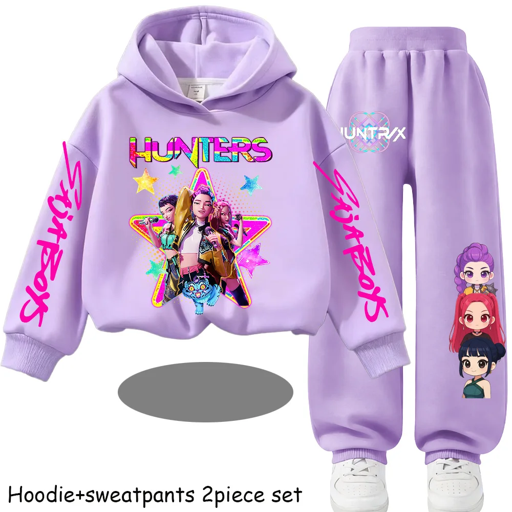 Felpa con Cappuccio Nera per Bambini, Set Sportivo KPop Demon Hunters per Ragazze, Top e Pantaloni per Bambine, Completo Casual Alla Moda