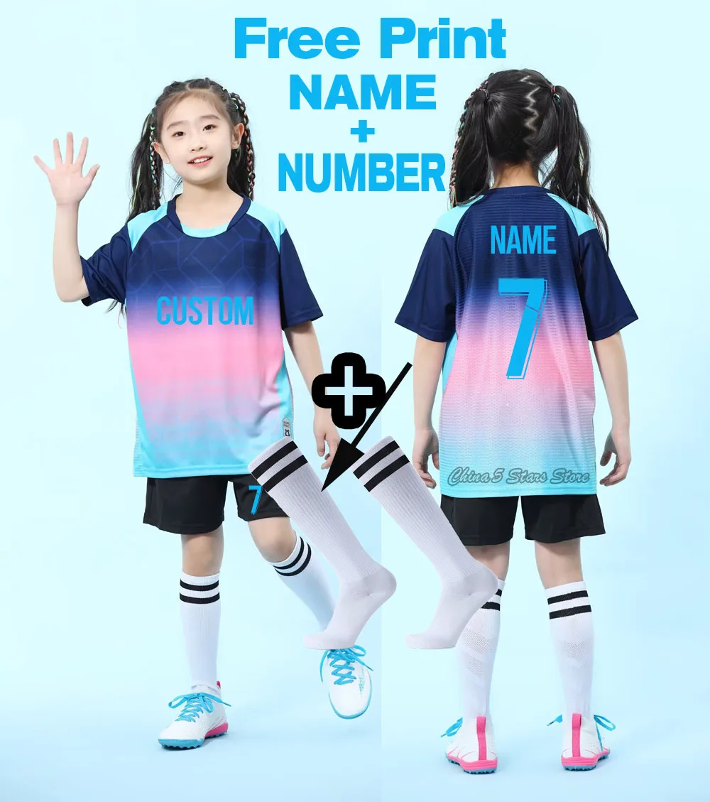 

Children Summer Short Sleeve Football Shirt Kit Boys Girls Soccer Jersey Suit +Socks Cute Sportwears Can Free Custom Name+Number