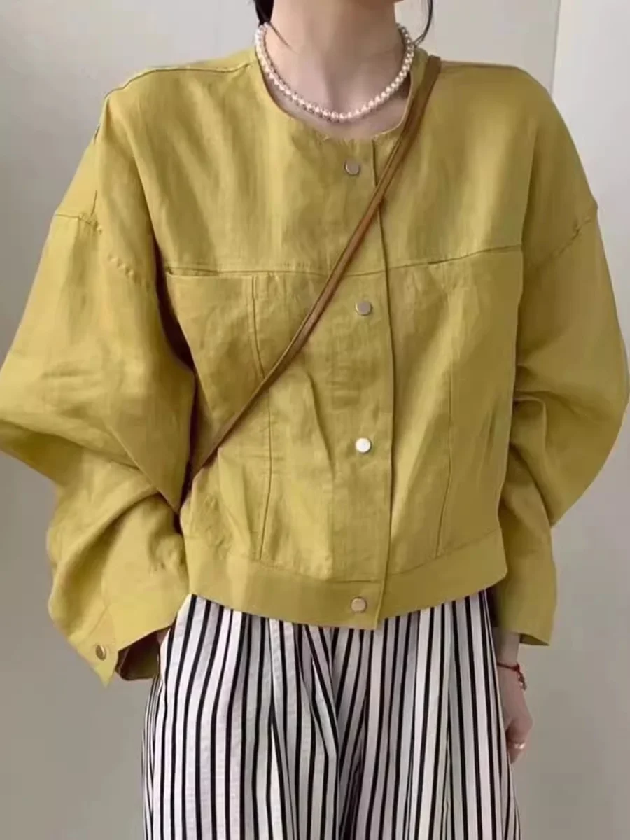 Jaqueta de Linho Casual de Manga Longa com Gola Redonda para Mulheres, Moda Primavera Verão, Novo Estilo Elegante, Camisa de Lazer, Casaco Trendy