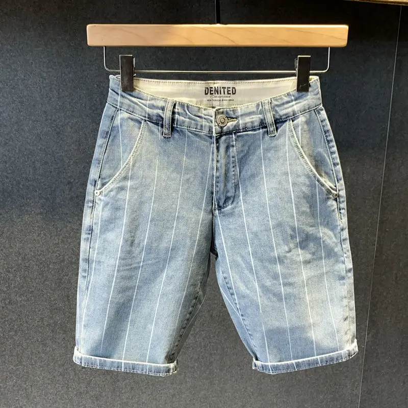 Male Denim Shorts Baggy Stripe Stretch Men\'s Short Jeans Pants Cargo Loose Graphic Wide Xl Y2k Fashion New In With Vintage