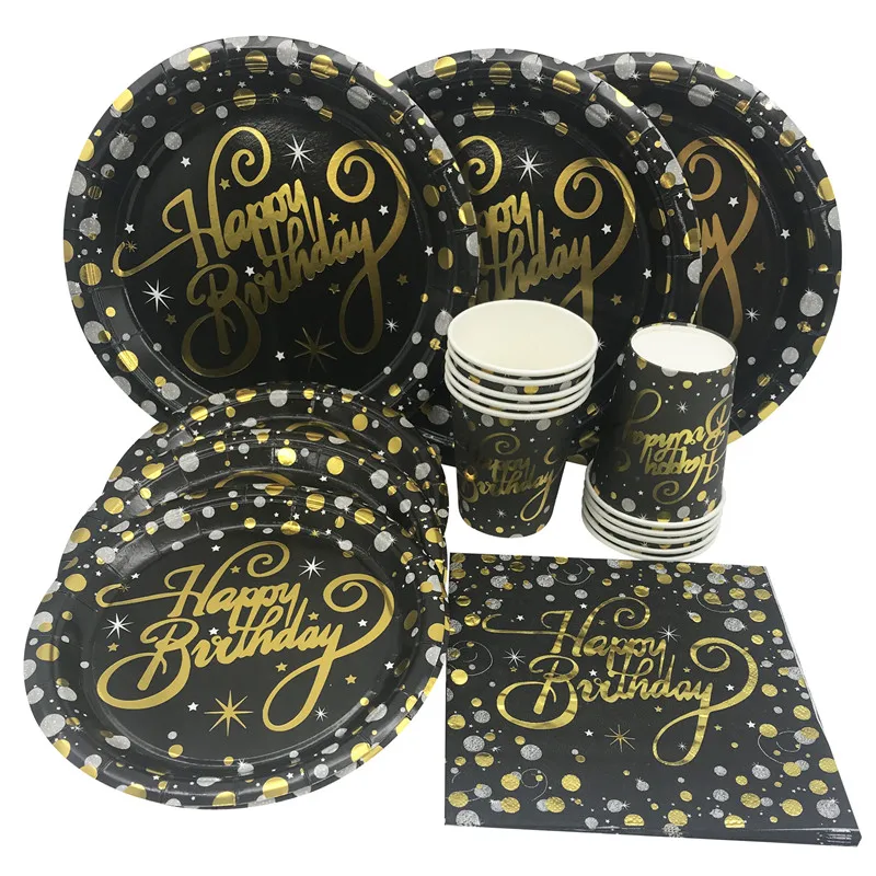 

10Pcs Black Gold Happy Birthday Paper Plates Cups Napkin Disposable Tableware Kids Adult Birthday Anniversary Home Decor Supplie