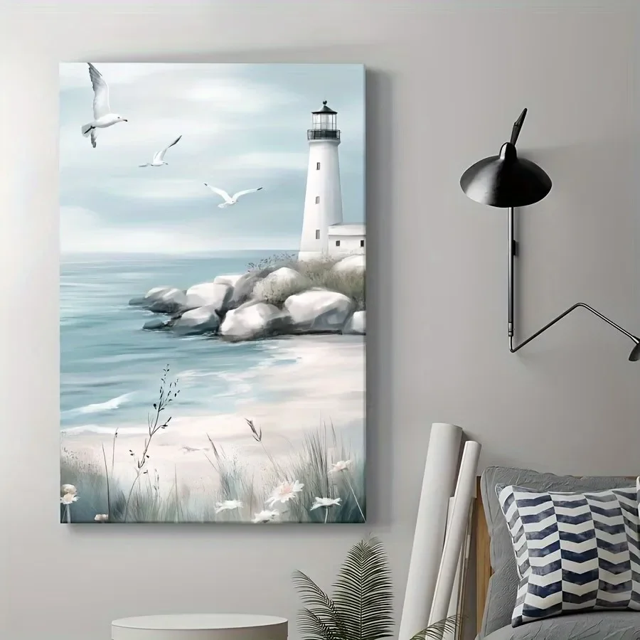 Multiple sizes 1pc frameless Canvas Painting,Coastal Lighthouse Blue Sea Seagulls Poster and Prints Canvas Painting Wall Art Pic