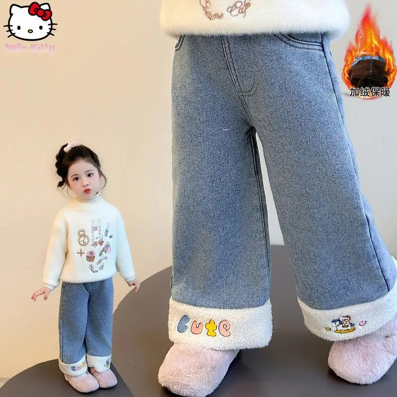 

Girls Kt Cartoon Kitten Warm Jeans Kawaii Autumn Winter New Straight Pant Anime Children's Thickened Wide Leg Pants Fashion Pant