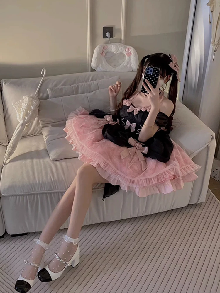 Black Rose Lolita Princess Skirt Dress Puffy Wedding Style Fishbone Tail High Waist  Knot Short Sleeve Spring Summer view 4