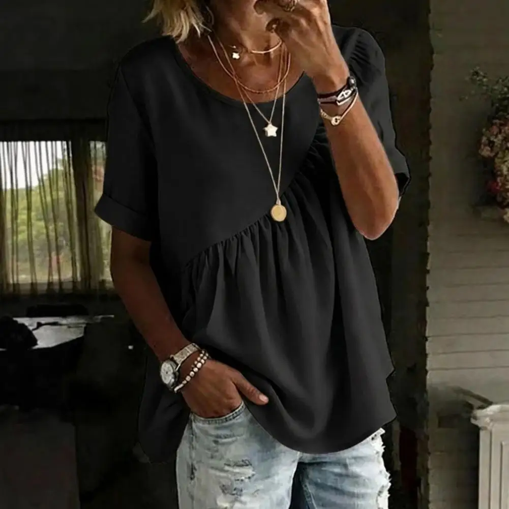 

Женская повседневная и удобная однотонная свободная футболка с круглым вырезом и короткими рукавами, рубашка с короткими рукавами, повседневная женская блузка
