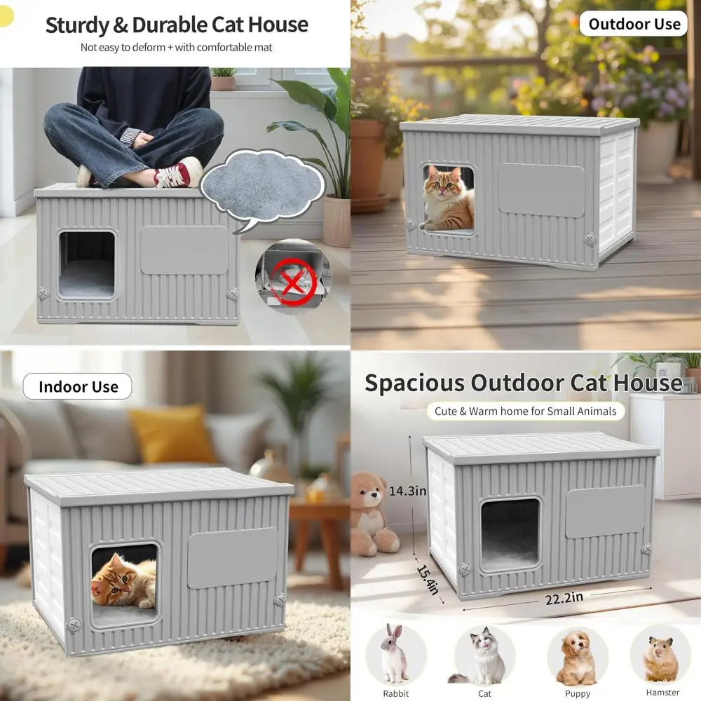 

Durable Outdoor Cat Shelter with Soft Mat, Weatherproof Plastic House for Cats, Easy Assembly - Grey