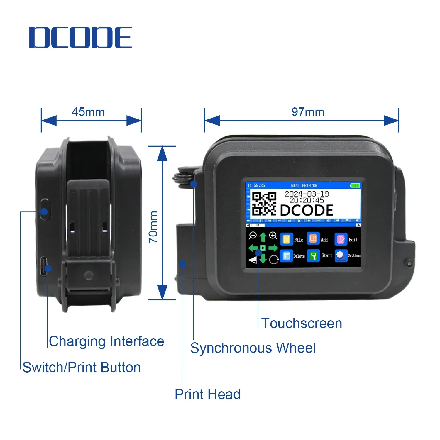 DCODE-XMINI Impressora a jato de tinta portátil portátil, número do lote de imagem, logotipo Image Coding Machine, QR, 12,7 milímetros