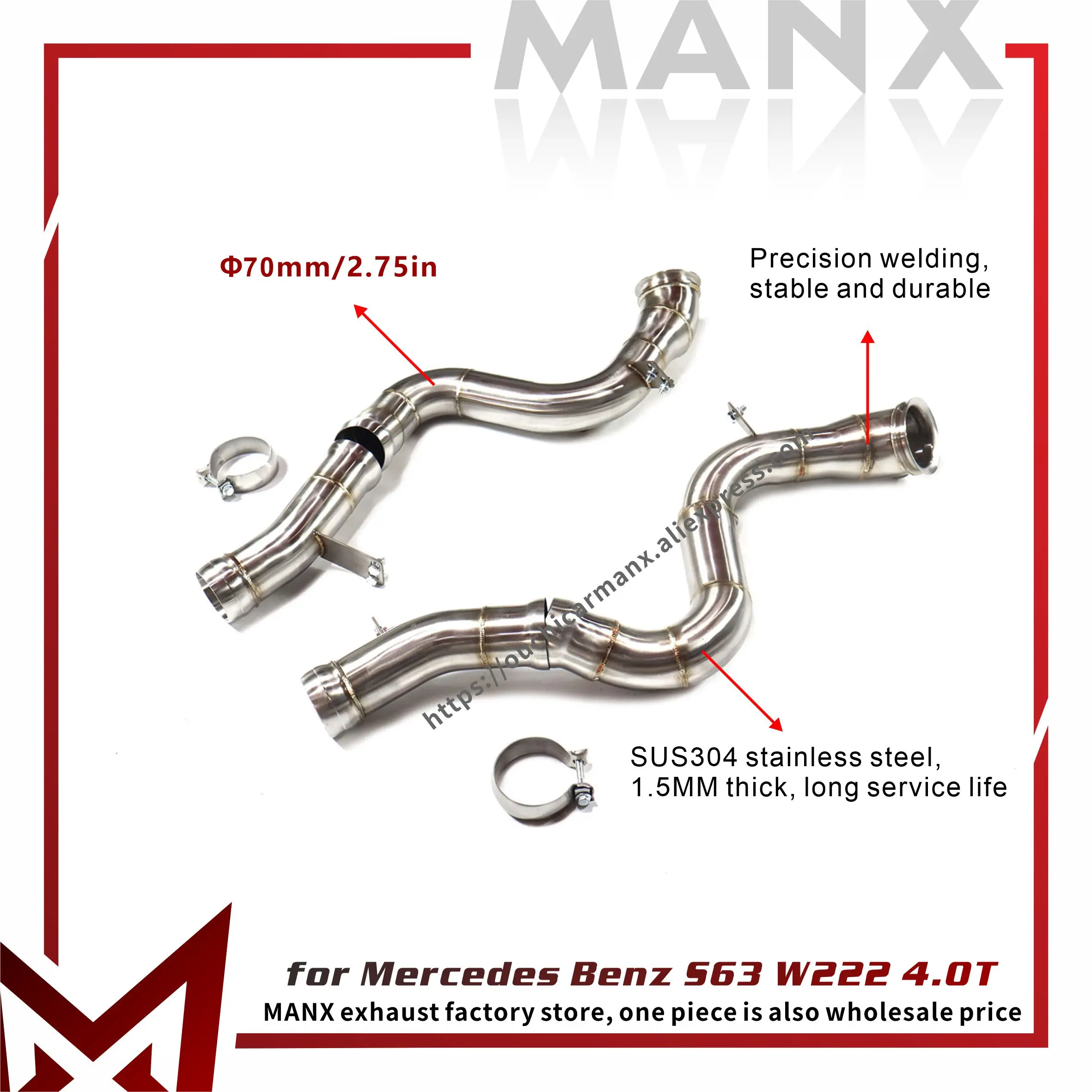 

MANX Downpipe for Mercedes Benz S63 W222 4.0T with cat/without cat Increase pipe diameter 2.75 inchs Exhaust system