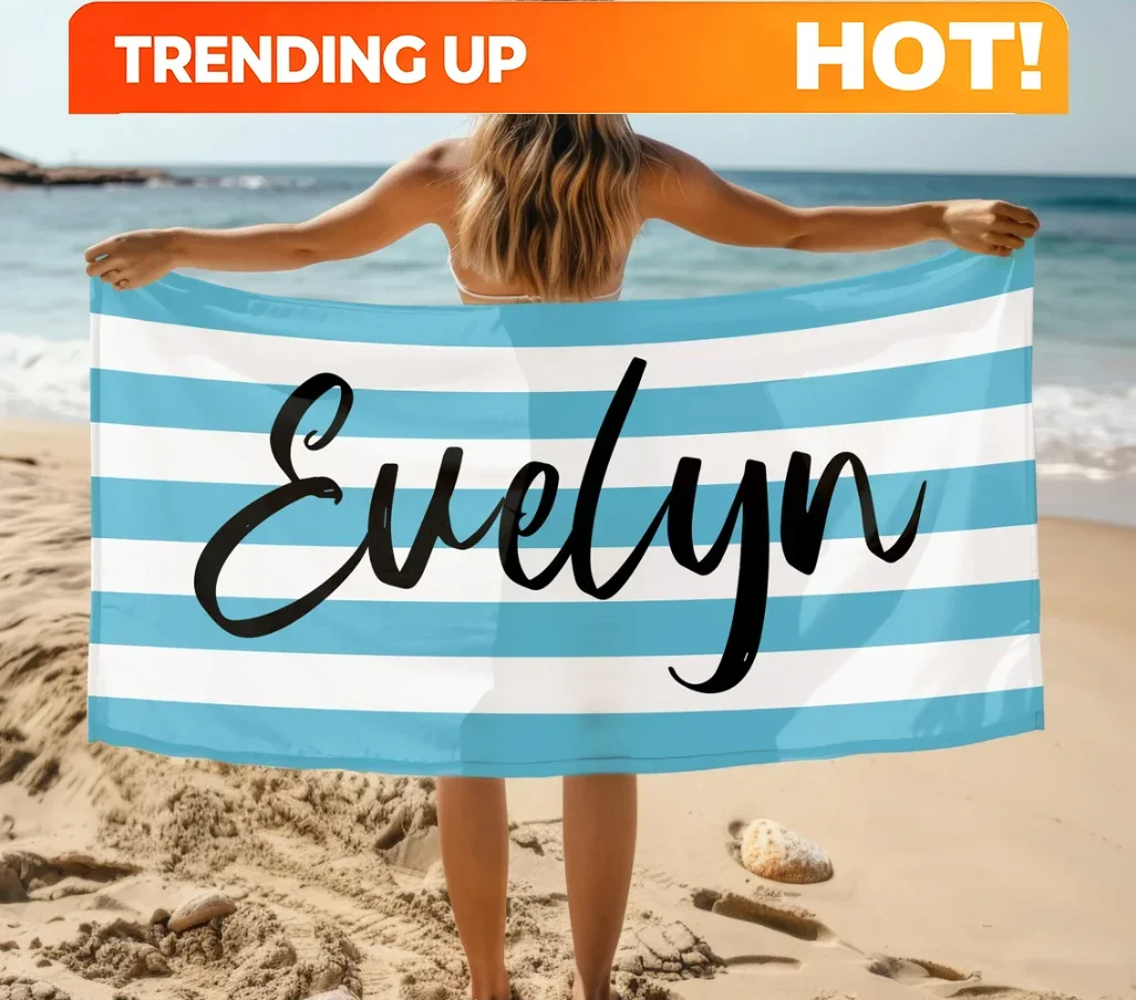 Custom Stripe Name Beach Towel, Personalized Monogram Pool Towel, Signature Beach Towel For Kids, Vacation Gift, Picnic Towel