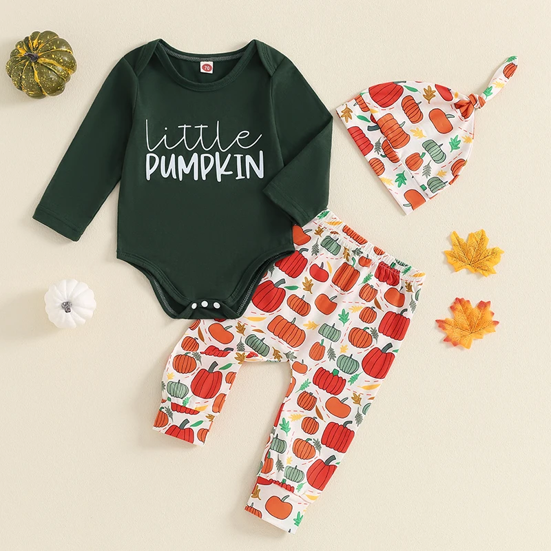 Baby Jungen Outfit Langarm Buchstaben drucken Stram pler Kürbis Print Hosen Hut Halloween Kleidung