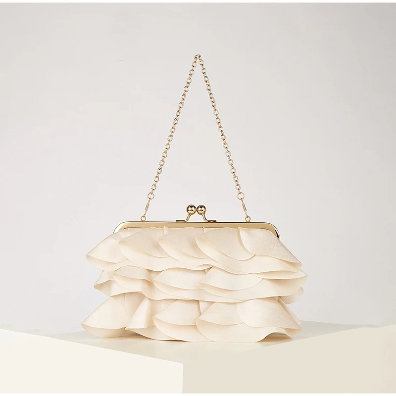 

Luxury Apricot Petal-pleated Evening Bag High-end Lock Chain Shoulder Bag Stylish Soft Dress Bag Wedding Party Bag Phone Pouch