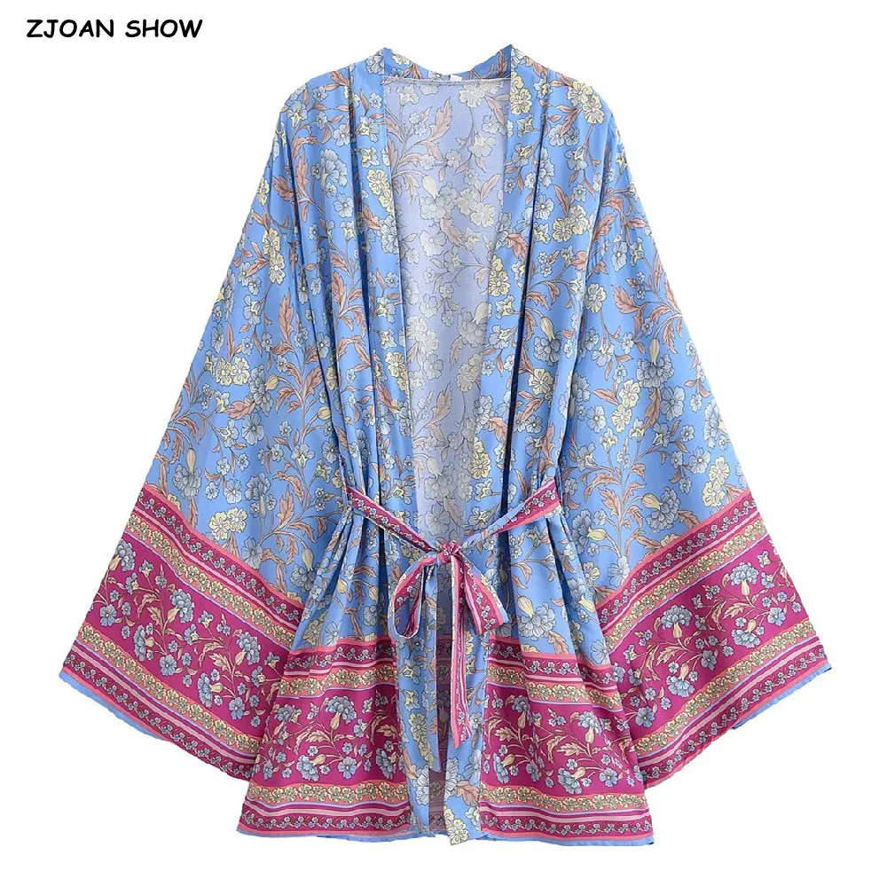 2025 BOHO Women Light Blue Contrast Floral Print Kimono Shirt Holiday Bow Sashes Mid Long Cardigan Summer Blouse Beach Cape Tops