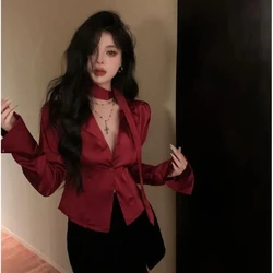 Red Suit Collar Long Sleeved Shirt for Women French Style Waist Cinching Slim Fit Casual Shirt Unique and Chic Ribbon Top