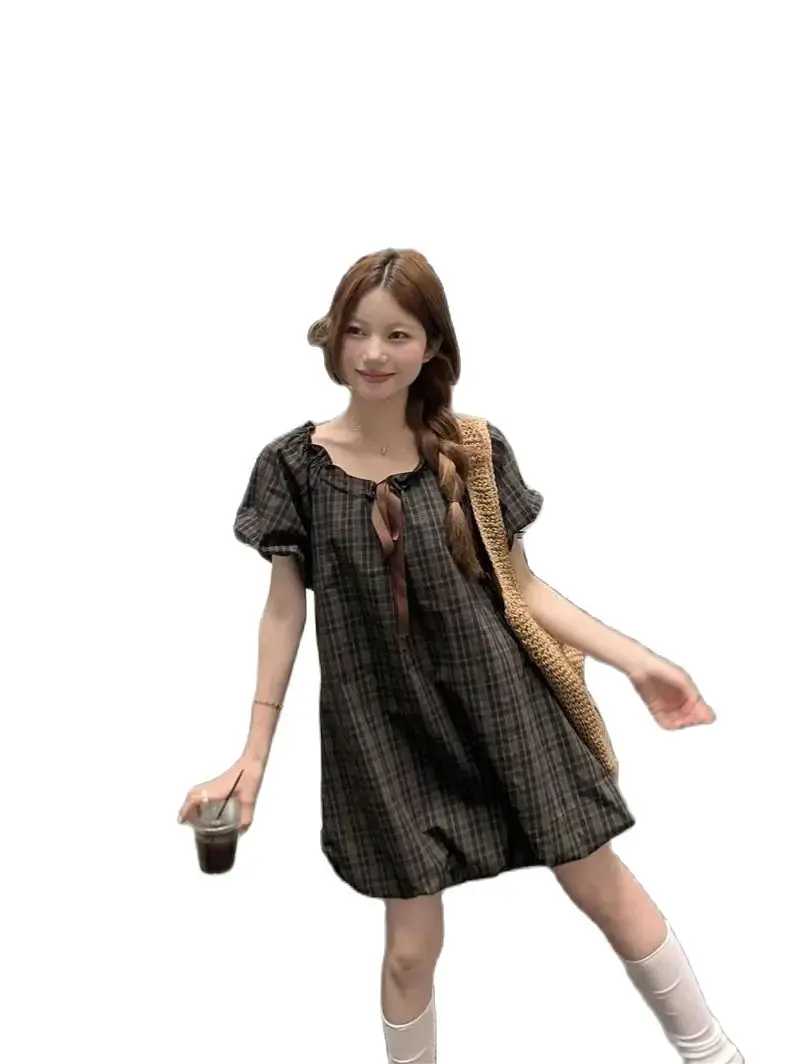 Vintage Plaid Mini Dress Women Japanese Lovable Bow Bandage One Pieces Dresses Summer Puff Short Sleeve A Line Summer New Style