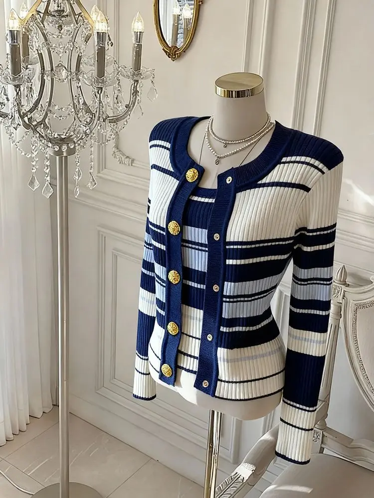 Kimotimo Women Korean Color Block Striped Two Piece Set Autumn Winter 2026 Relaxed Fit Open Front Cardigan + Camisole Top