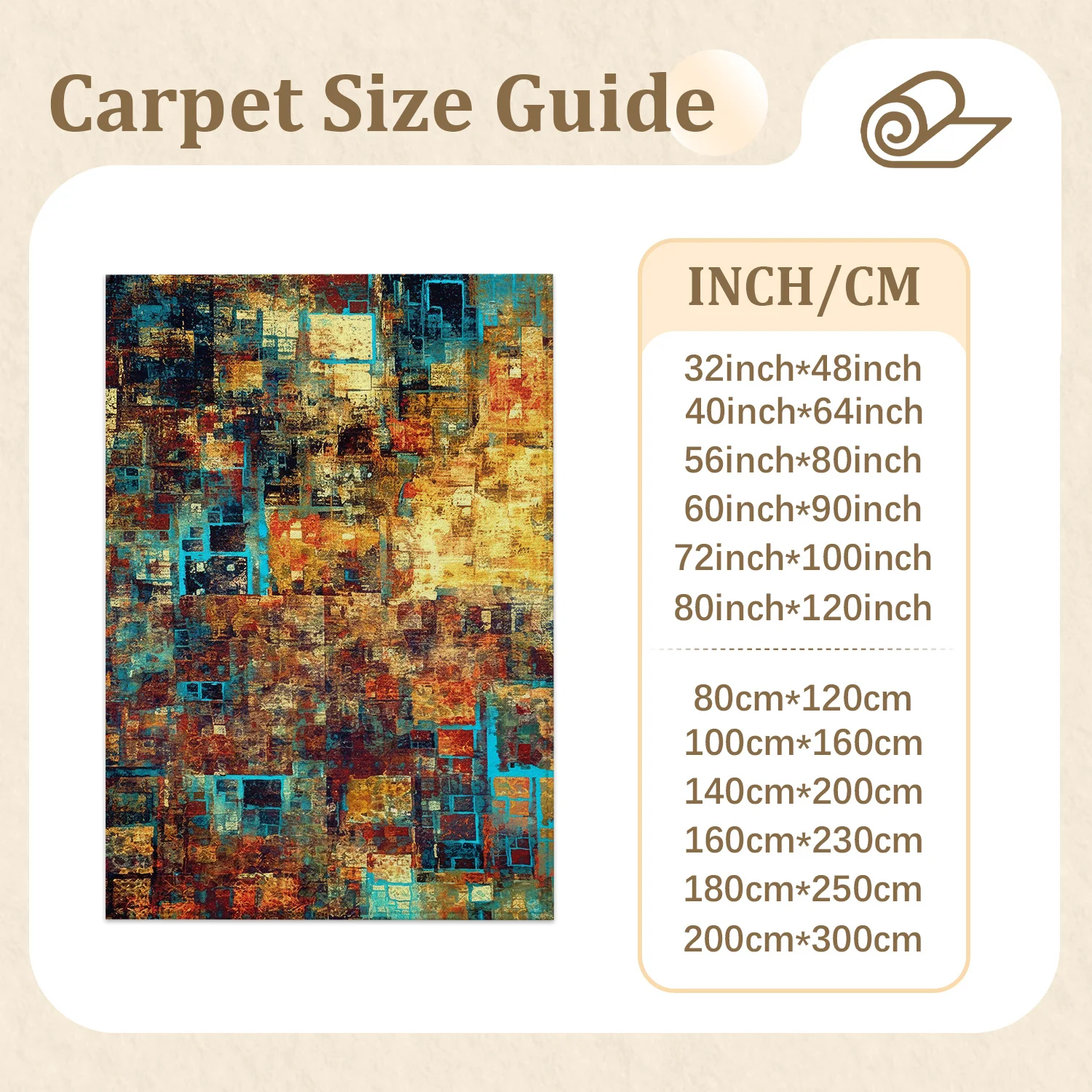 Large Indoor Area Rug – Soft Velvet Low Pile, Non-slip Dotted Backing, Machine Washable Abstract Rust Teal Gold Mosaic Floor Rug for Living Room, Bedroom, Entryway, Modern Home Decor