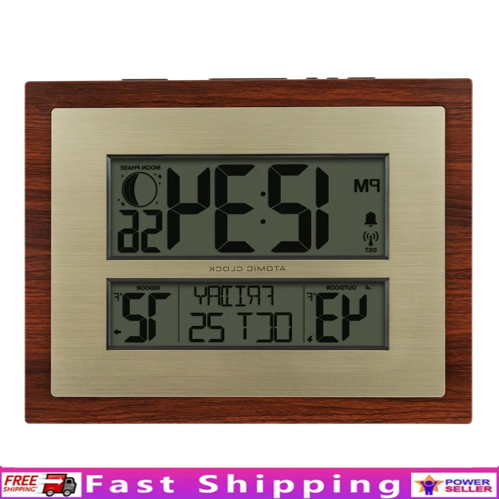 

Digital Atomic Clock with Indoor Outdoor Temperature Wireless Self-Setting Time Alarm Crescendo Feature Calendar Moon Phase
