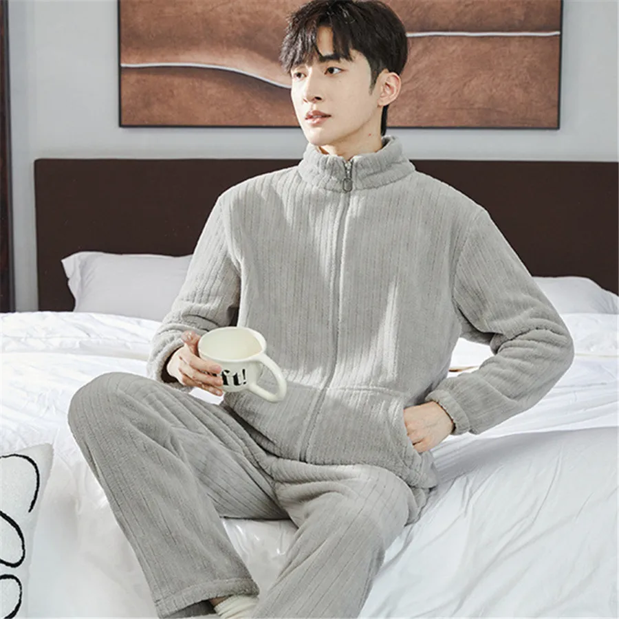 Men\'s Pajama Sets Winter Warm Homewear Flannel Loose Zip-up Nightwear 2 Pieces Thickened Sleepwear Male Home Clothes Big Size