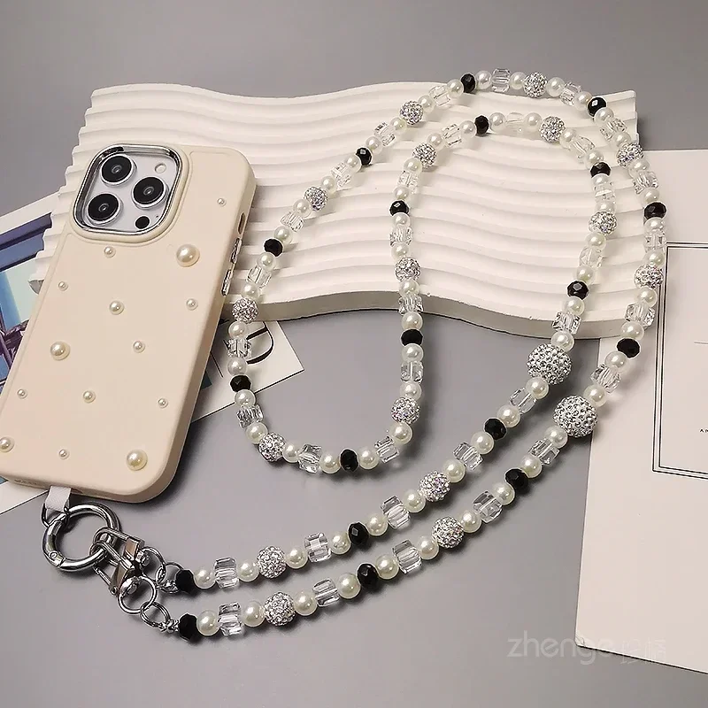 Black and White Diamond Ball Cross-body Phone Strap Neck Chain Long Clip on Phone Case Suitable for Daily Travel Phone Charms