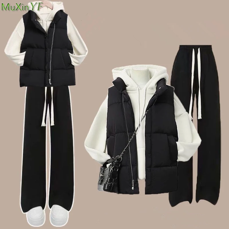 Women Autumn Winter Velvet Hooded Sweatshirt Cotton Vest Wide Leg Pants 1 or Three Piece Set Korean Lady Casual Tops Trousers