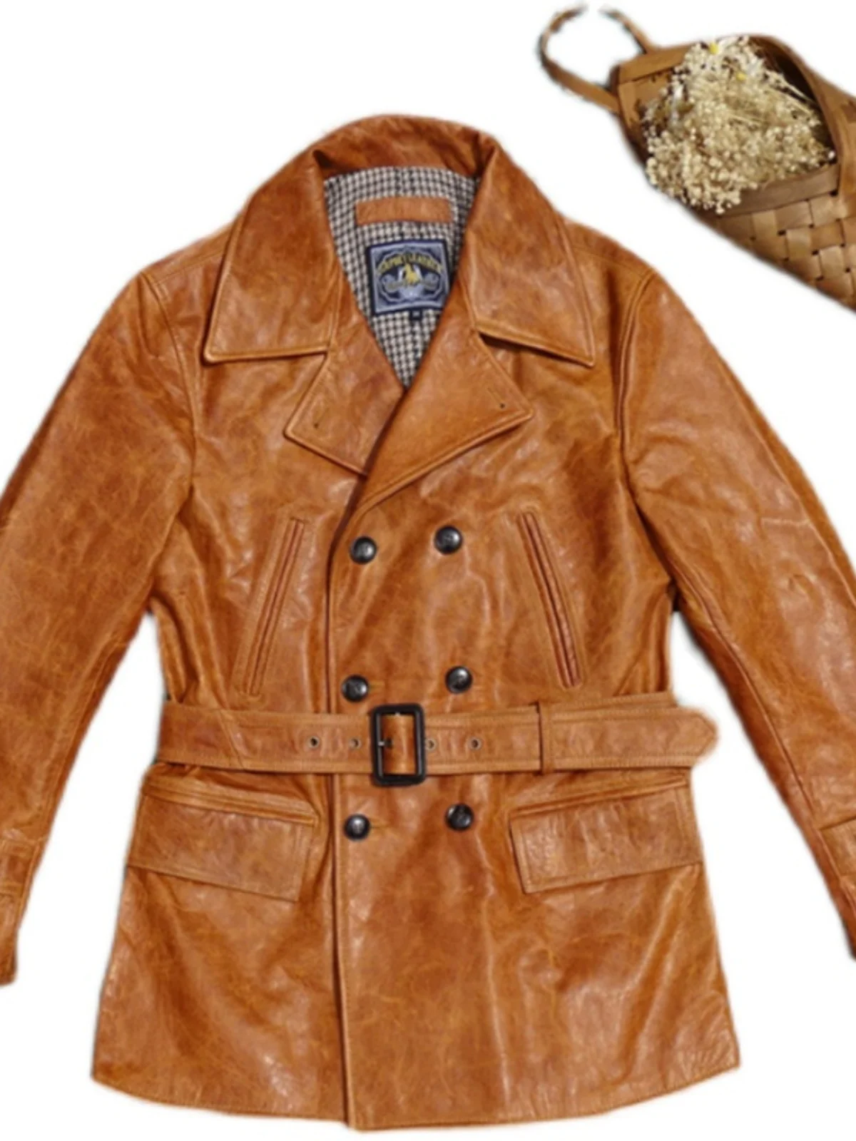 Men's Amber Oil Wax Horsehide Genuine Leather Jacket Mid-Length Windbreaker Soft Smooth Material with Belt