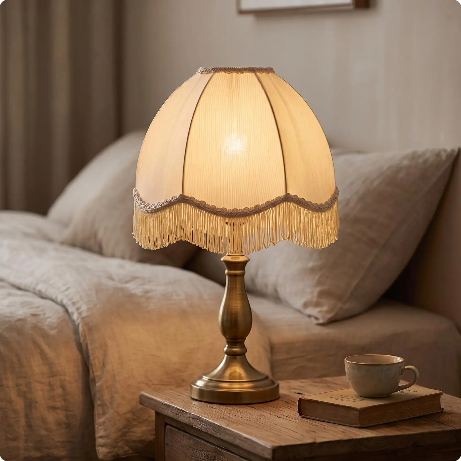 Classic Beige Fabric Lampshade with Tassel Fringe for DIY Lamp Replacement E27 Base Ceiling Pendant Fixture