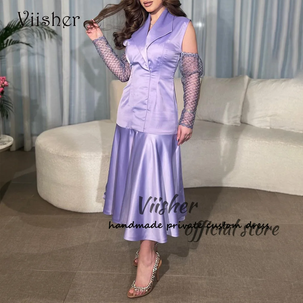 

Viisher Lavender Mermaid Evening Dreses Pleats Silk Satin Sleeveless V Neck Formal Prom Dress Ankle Length Dubai Party Gowns