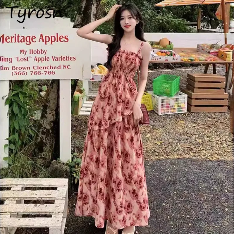 Floral Print Dresses Summer New Mori Girl Style Fairy High Waist Slim Camis Elegant Holiday Fashion Korean Tender Patchwork Chic