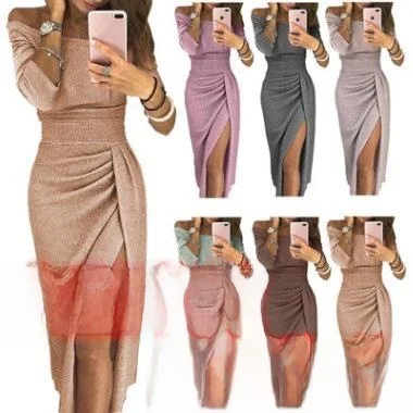 

Ele High-Waisted Sexy Women's Dr One-oulder Split Midi Skirt Evening Gown Sparkling Polyester Fiber Mid-Length Skirt