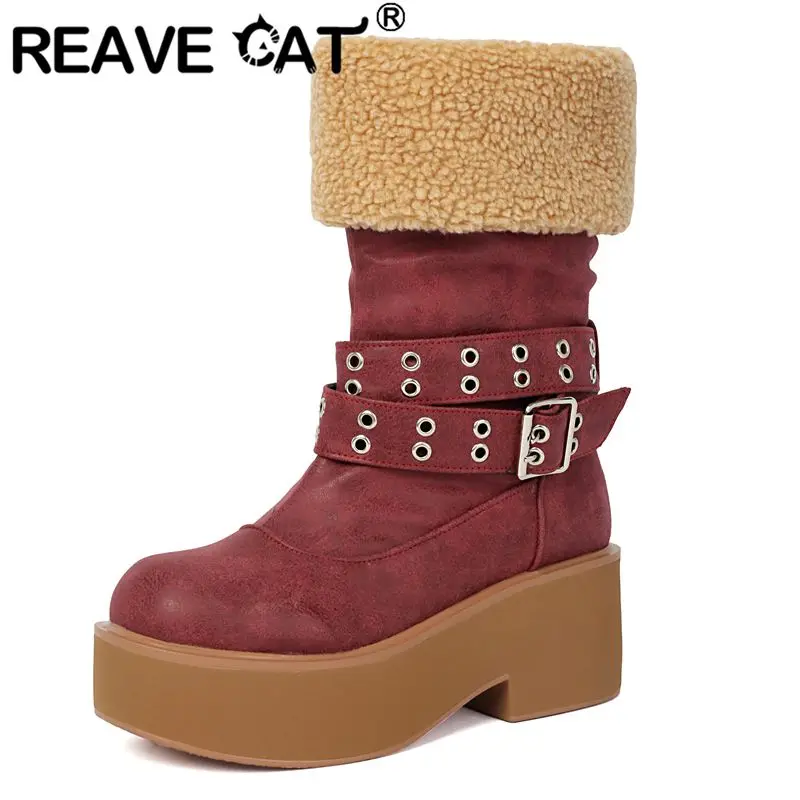 REAVE CAT Winter Snow Women Mid Calf Boots Round Toe 6.5cm Thick Heel 4cm Platform Slip On Belt Buckles Plush Warm Booties