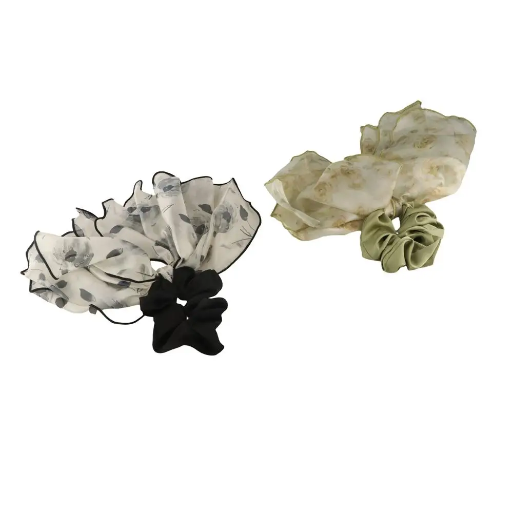 

High Resilience Ink Painting Ruffled Scrunchie Elegant Floral Streamers Bow Hair rope Personality Ponytail Holder