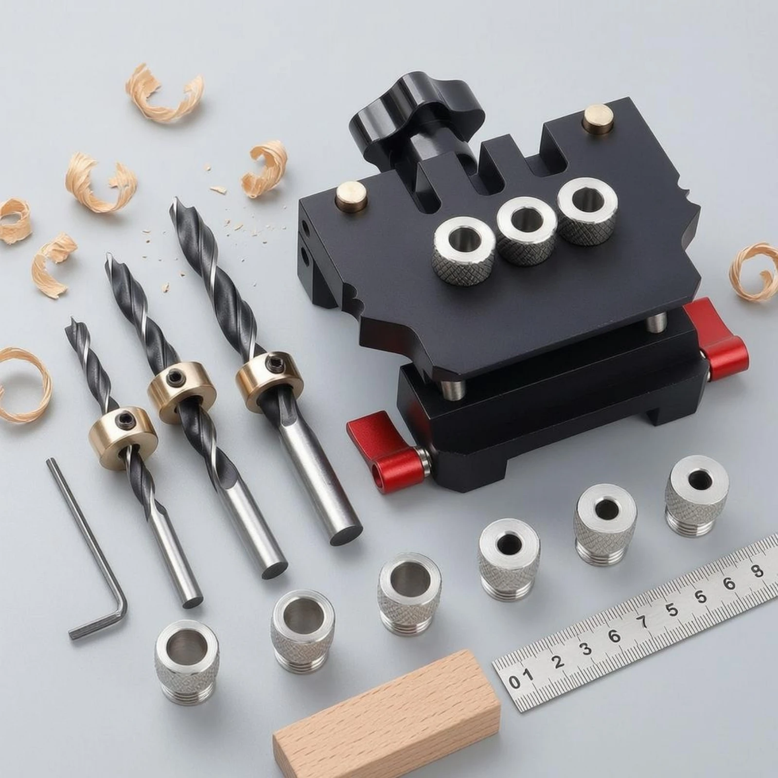 Board Joint Drilling Jig Red Adjustment Knobs Auto-Centering Drilling Jig Hole Aligner Compact Rectangular Woodworking Tool