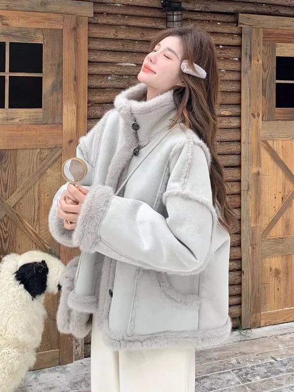 ey Blue Lamb Fur Jaet Women's Winter New Lazy Sle Suede Cotton Coat ort Length Inteated Leather And Fur Coat