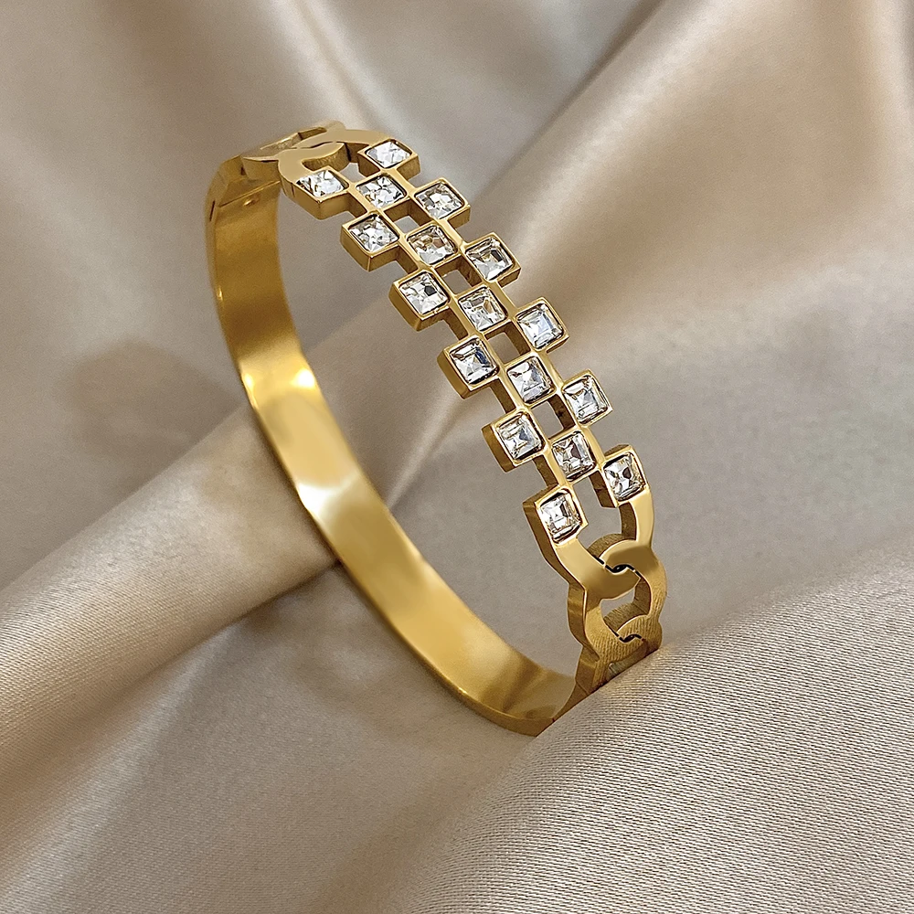 

Luxury Shiny Square Rhinestones Stainless Steel Bracelet for Women Irregular Hollow Out Round Spring Bangle Waterproof Jewelry