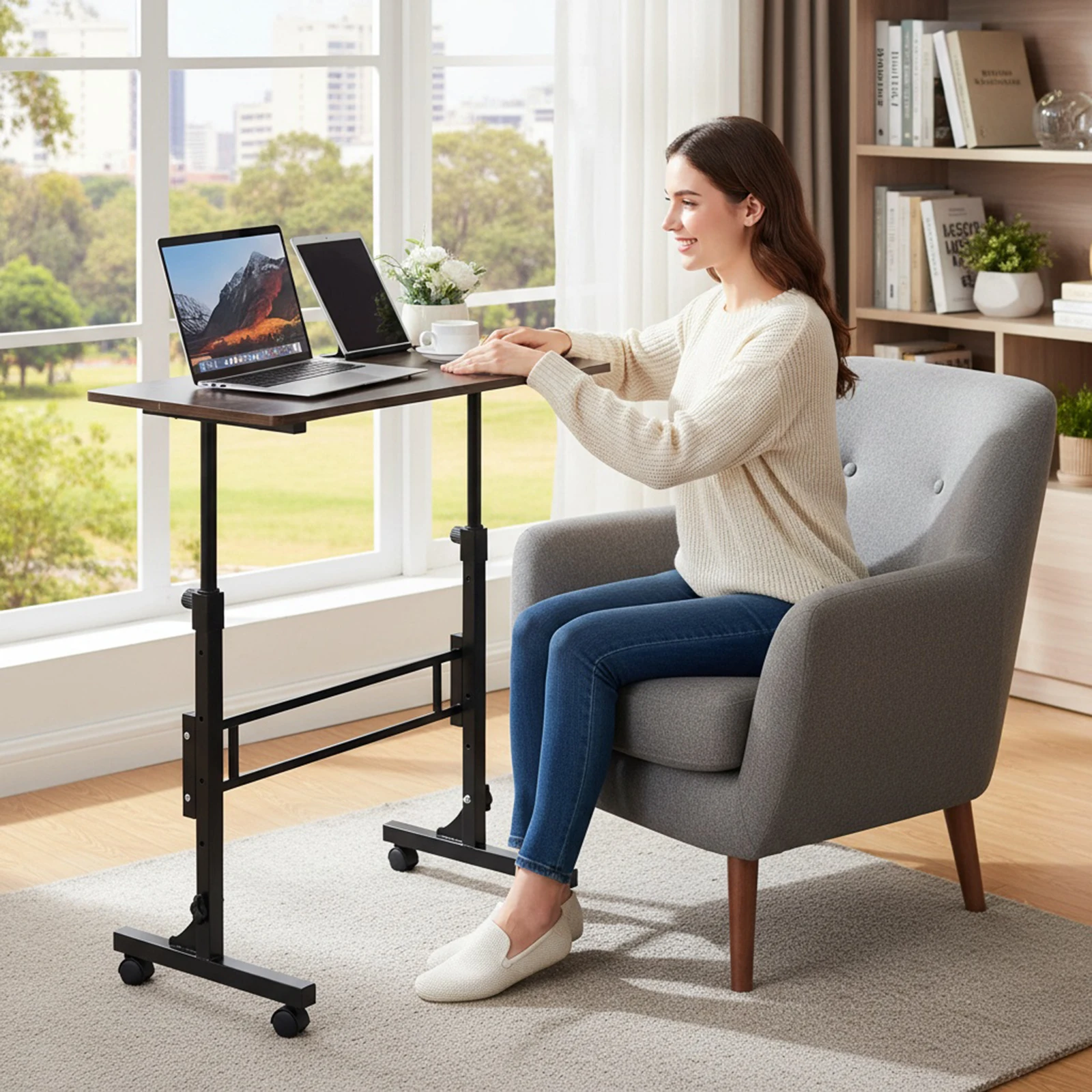 

Standing Desk Adjustable Height Mobile Stand Up Desk with Wheels (Black Walnut)