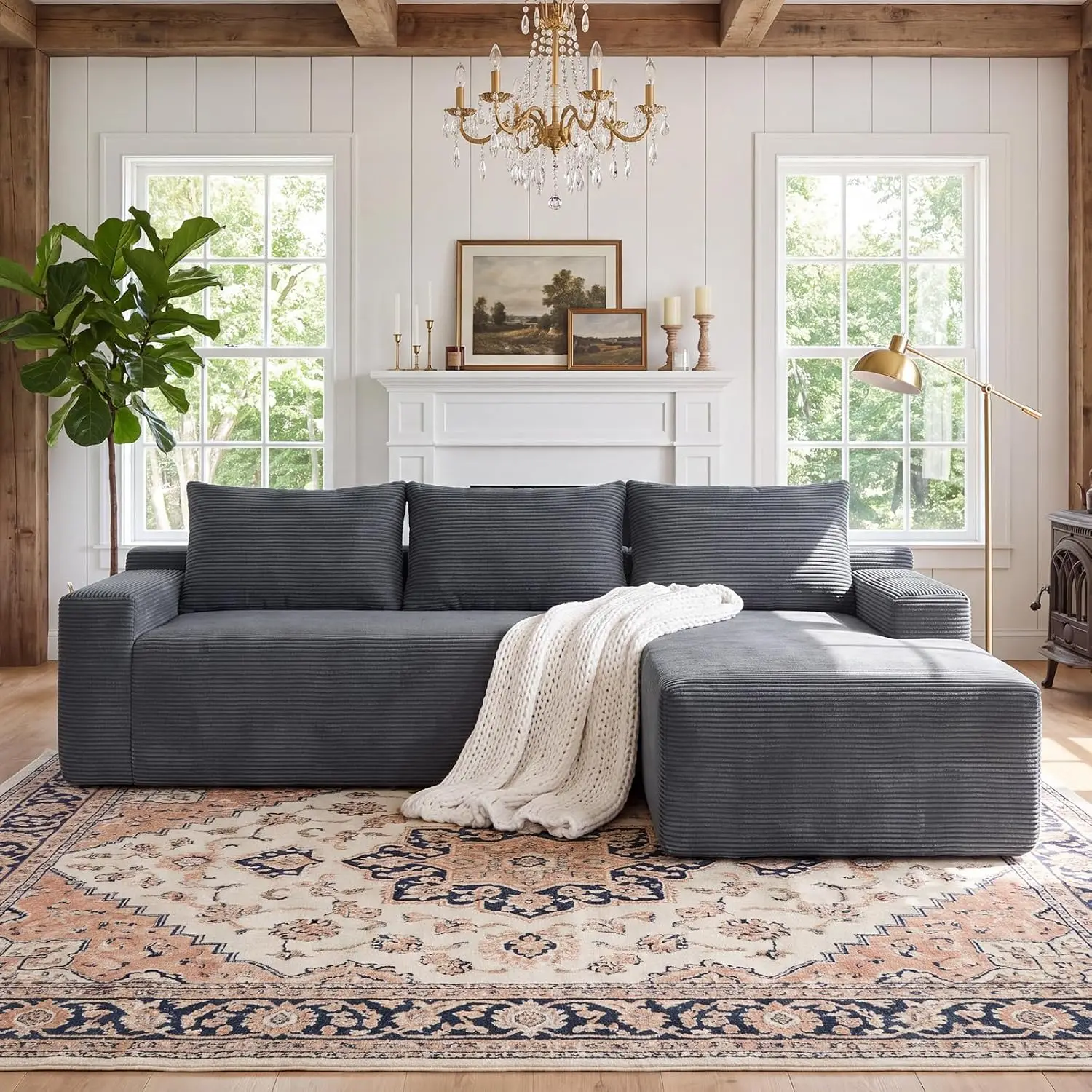 96'' Modular Sectional Sofa L-Shape Cloud Couch Chaise Lounge Faux Fur Deep Seat No Assembly Dark Grey Right Chaise, Customized