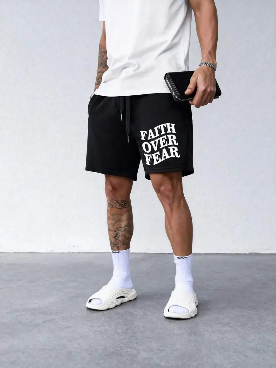 

Mens Printed Drawstring Shorts Casual Cotton Shorts With Faith Over Fear Design