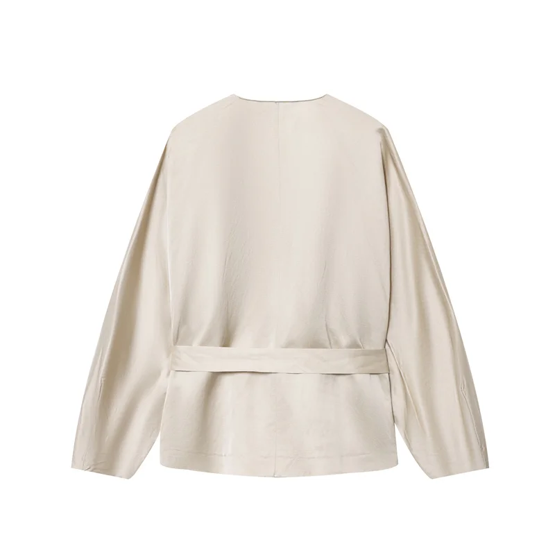 قميص نسائي 2025 خريف نمط جديد لون الشمبانيا كم طويل فتحة مزدوجة التعادل مزين الخامس الرقبة قميص مثير موضة أنيقة #2