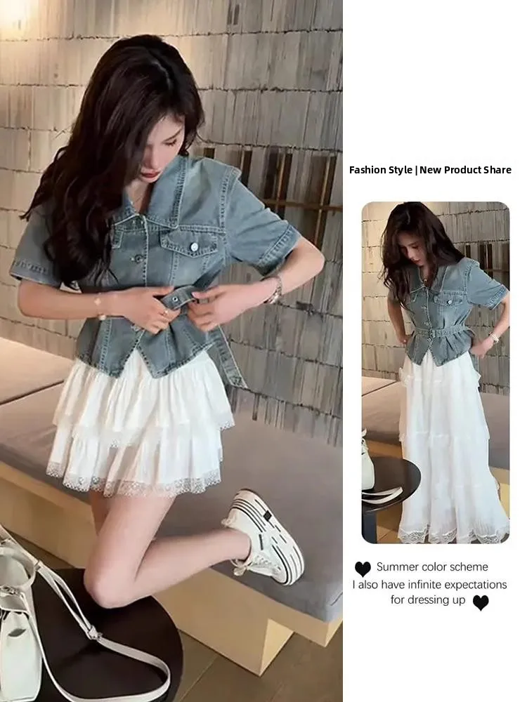 

High Waist Short Sleeve Denim Top And Skirt Set Fashionable Korean Style Slimming Waist Design Summer 2025 Women's Ensemble