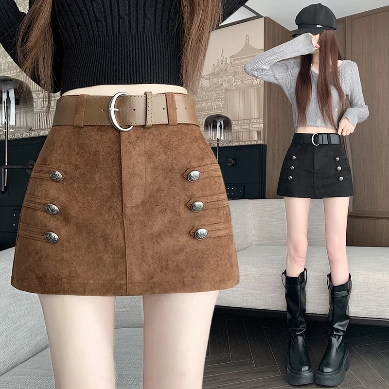 Retro Napoleon Style Spicy Girl Deer Skin Velvet Half Skirt High Waist A-Line Skirt Casual Breathable Skin-Friendly Embroider...