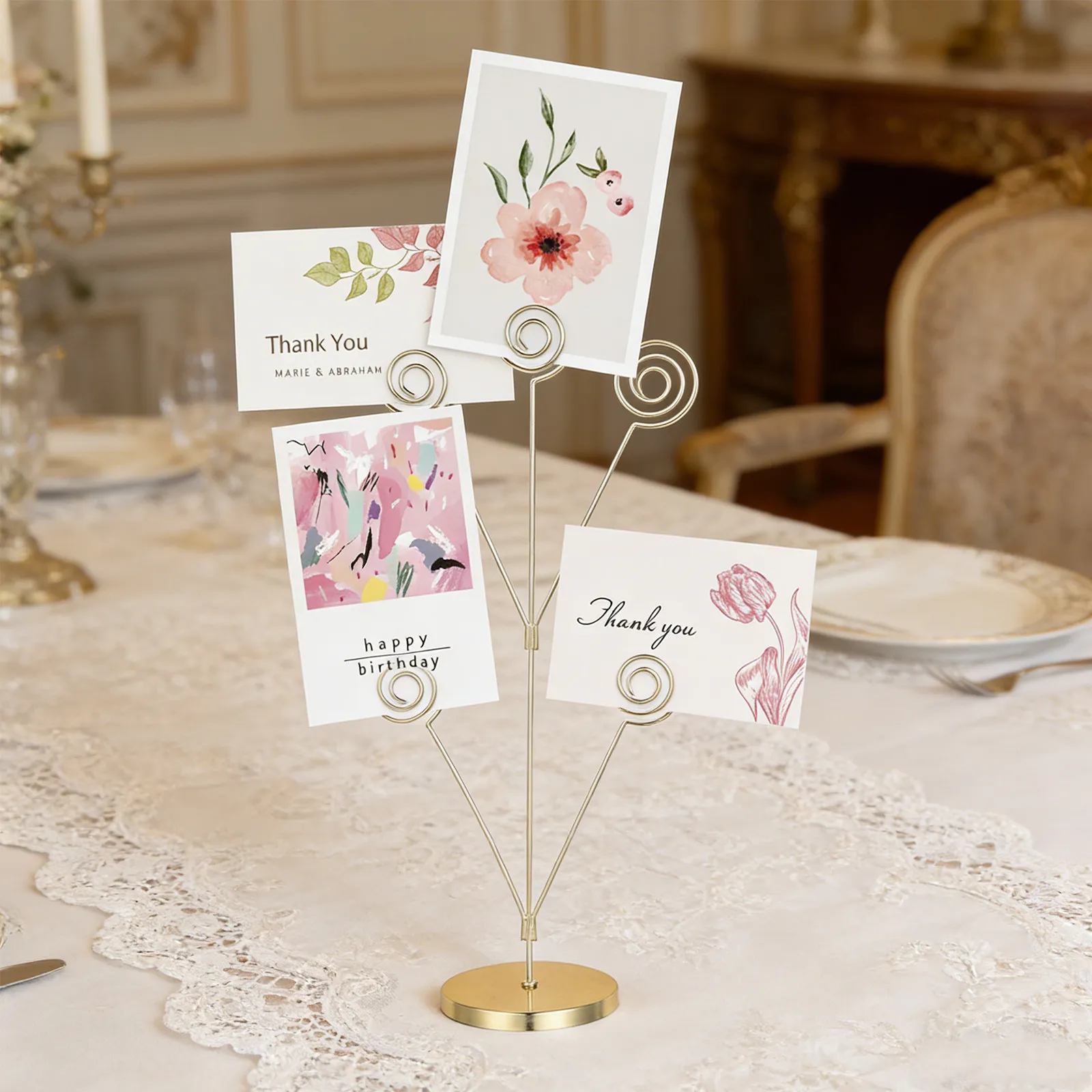 Desktop Memo Holder Clip with 5 Wire Clips Elegant Tree Design Round Base Photo Stand for Office Desk Wedding Place Card Holder