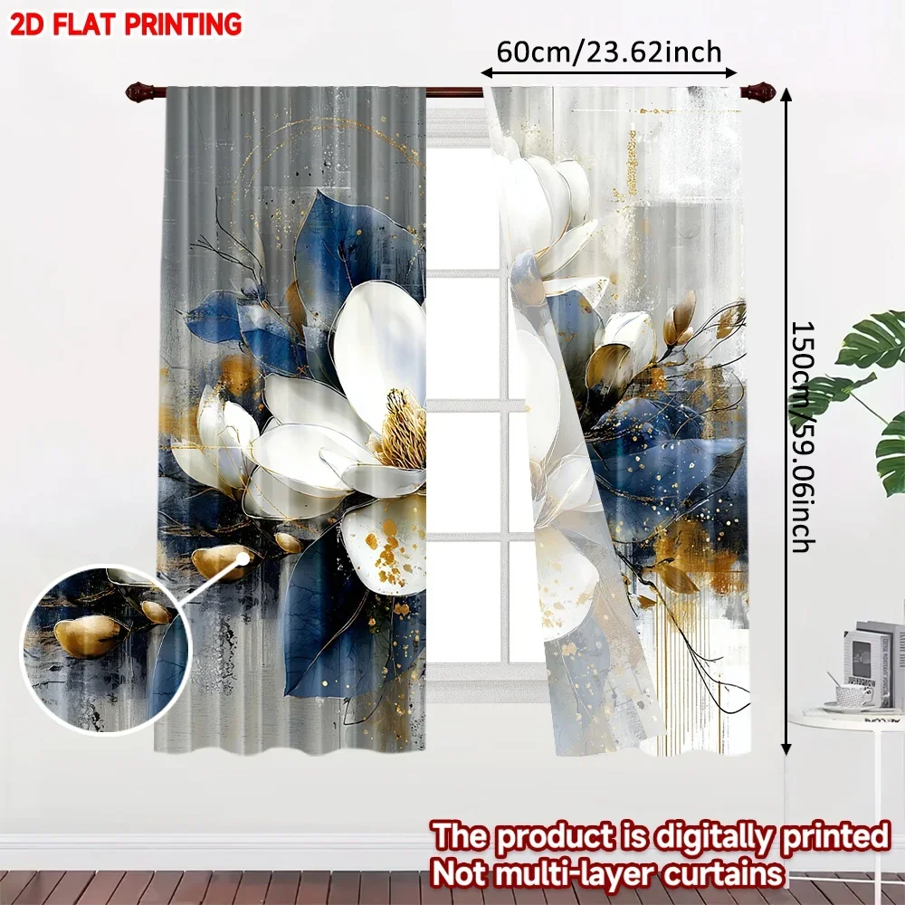 2pcs Blue White Floral Curtains  Digital Printing, Large Blossoms with Golden Centers Dark Leaves for Elegant Bedroom Decor