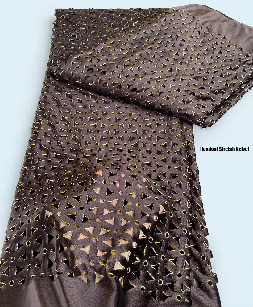 

Handcut Korean Velvet with Gold Edgings Unique Holed African Lace Fabric Soft Stretch Cloth for Occasions Nigerian Garment