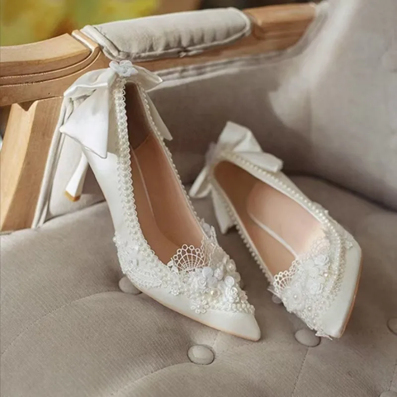 2025 White Premium Satin Handmade Pearl Romantic and Elegant French High-heeled Dress Women's Wedding Shoes 5 7 9CM